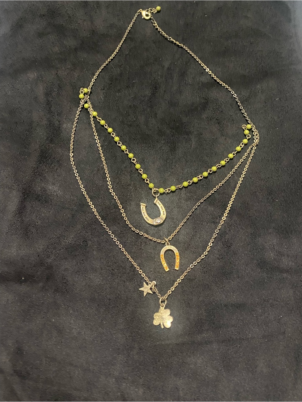Lucky Brand Layered Horseshoe Necklace with Green Beads